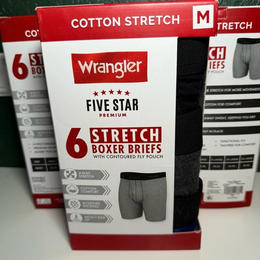 NEW-Wrangler 6 packMen's Boxer Briefs Cotton Stretch Black Gray Red S,M,L,XL